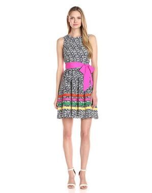 Eliza J Women's Navy & White Poly Print Colorful Striped Ribbons Pink Sash Sleev